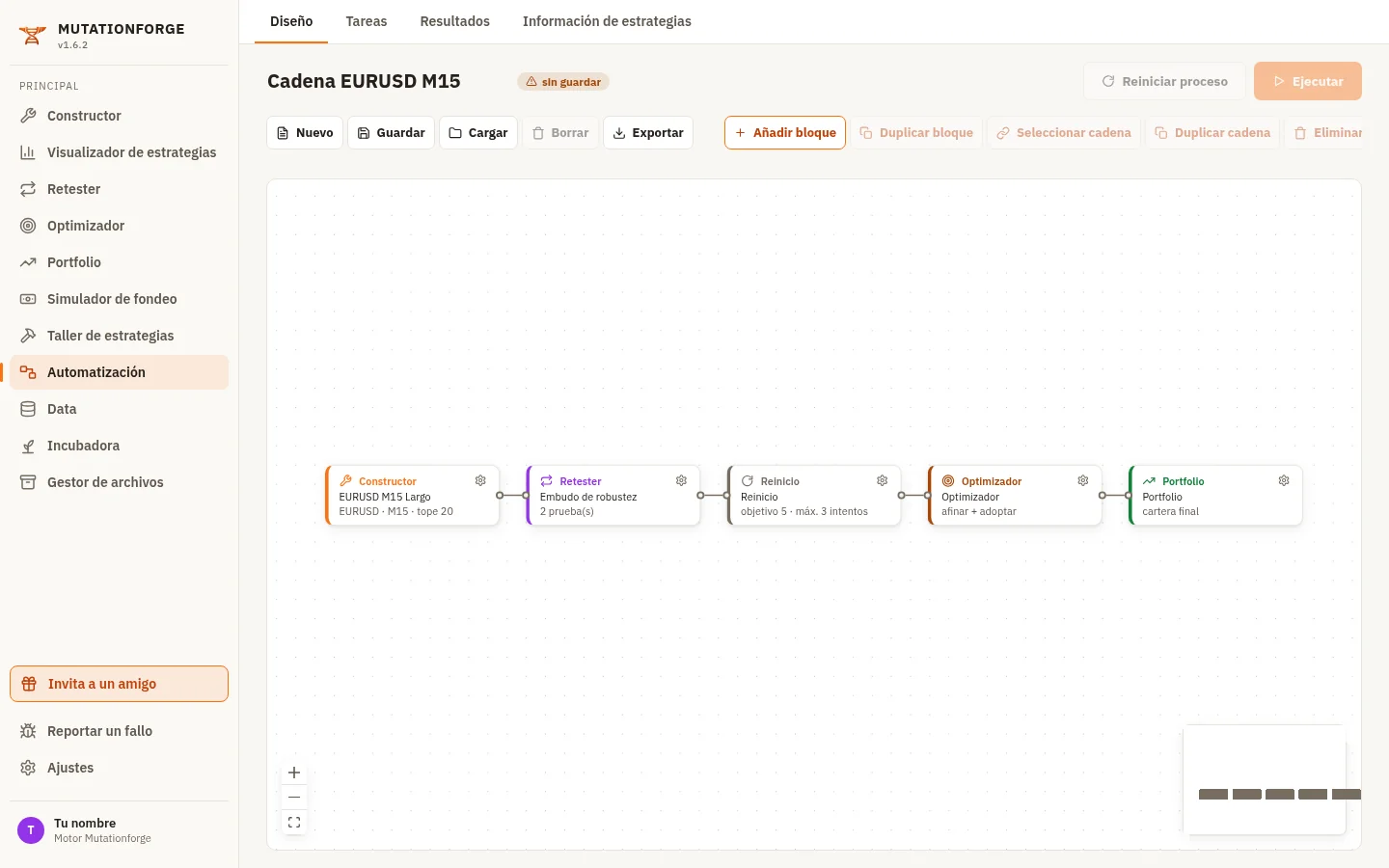 Pestaña Diseño de Automatización con una cadena Constructor → Retester → Reinicio → Optimizador → Portfolio unida por cables