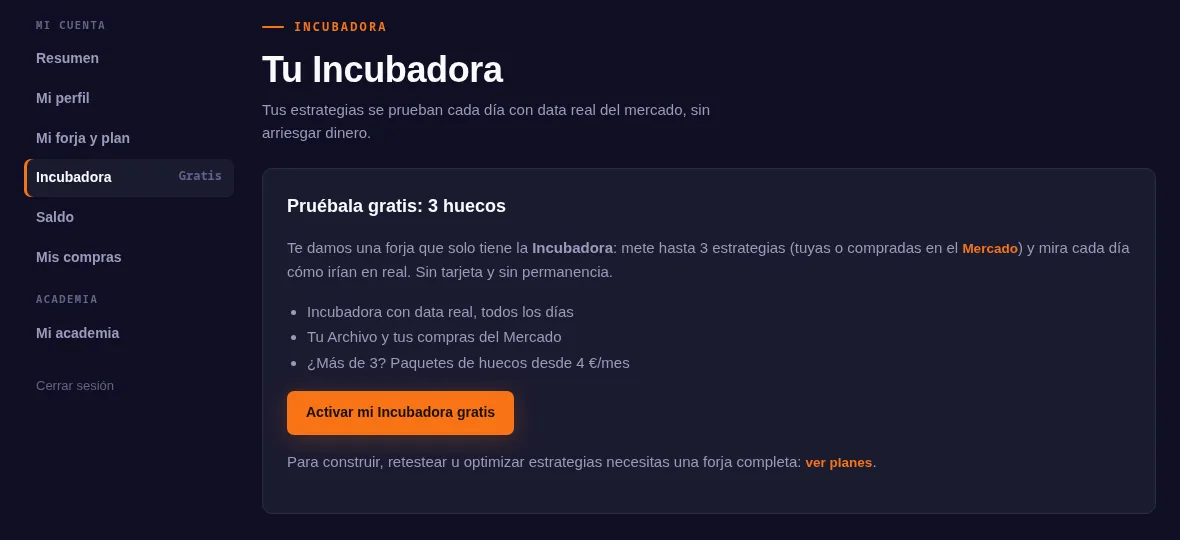 sección Incubadora de la cuenta en la web, con el botón Activar mi Incubadora gratis