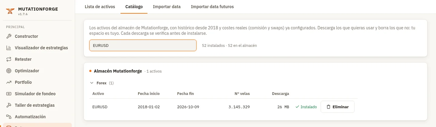 Pestaña Catálogo con la búsqueda «EURUSD»: fechas, velas, tamaño de descarga y la marca Instalado