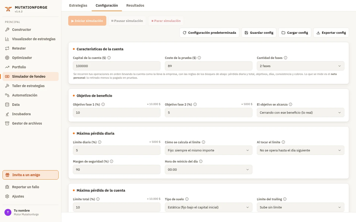 pestaña Configuración del Simulador de fondeo con una cuenta de 100.000 $, 2 fases, objetivos del 10 % y 5 %, límite diario 5 % y total 10 %