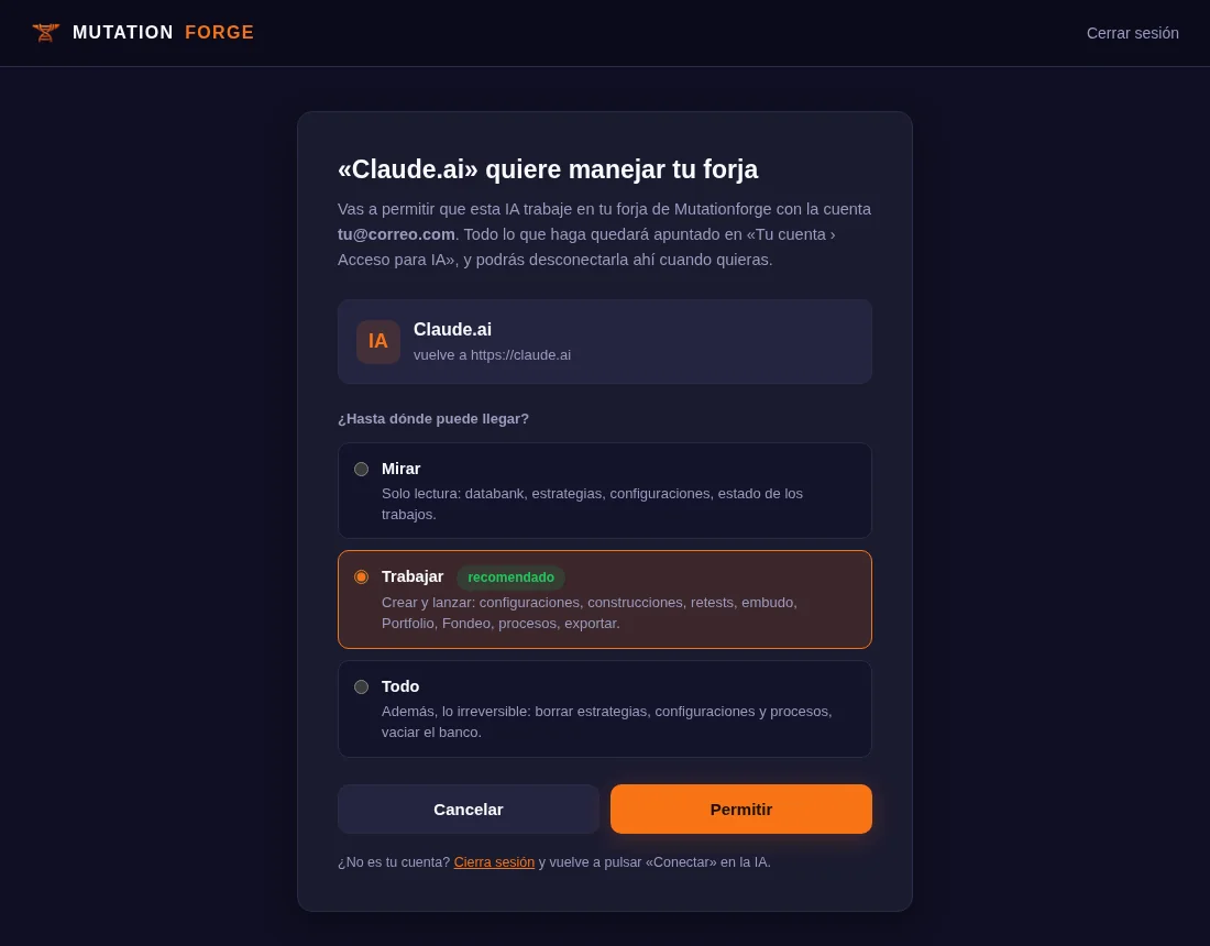 «Claude.ai» quiere manejar tu forja: elige Mirar, Trabajar (recomendado) o Todo y pulsa Permitir