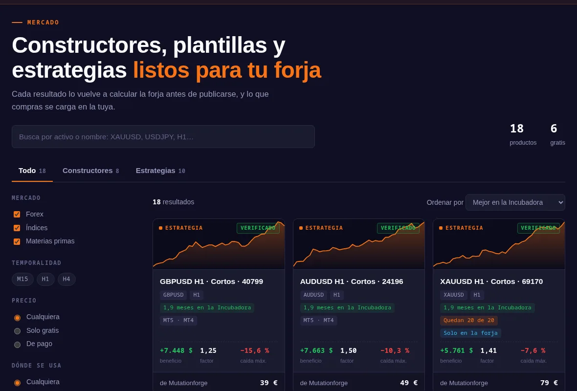 catálogo del Mercado con los filtros a la izquierda y las tarjetas de estrategias y constructores