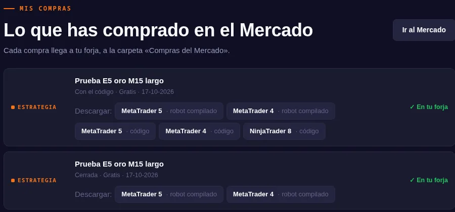 Mis compras con los botones Descargar de MetaTrader 5, MetaTrader 4 y NinjaTrader 8