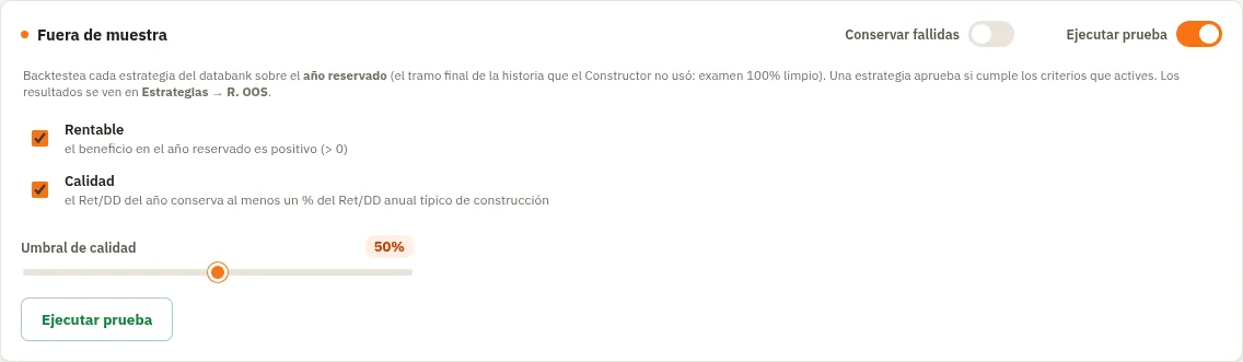 Bloque «Fuera de muestra» del Retester con «Ejecutar prueba» activado, «Conservar fallidas» apagado y Rentable y Calidad marcados