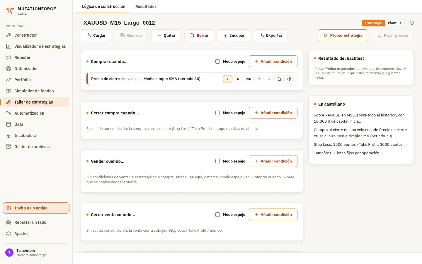 Taller de estrategias en modo Estrategia, con los bloques de frases a la izquierda y las columnas «Resultado del backtest» y «En castellano» a la derecha