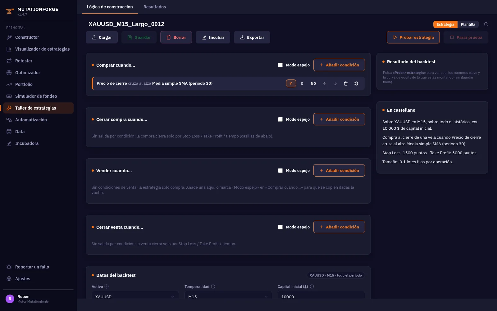 Taller de estrategias: reglas de compra y venta como frases editables, con el resultado del backtest a la derecha